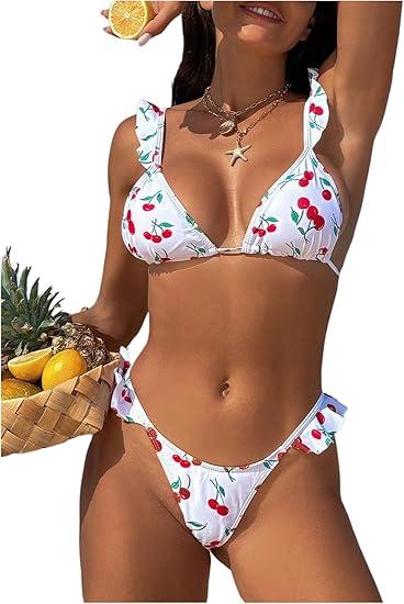 MakeMeChic Women's Cherry Print Bikini Set Triangle Ruffle Tie Back Thong Bathing Suit, Color: Red and White, S