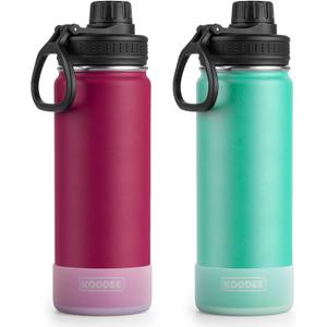 koodee Water Bottle 2 Pack 26 oz Stainless Steel Double Wall Vacuum Insulated Metal Sports Water Bottle with Leakproof Spout Lid (Fuchsia Red-Teal)