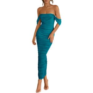 PRETTYGARDEN Womens 2026 Summer Off The Shoulder Dress Ruched Bodycon Sleeveless Split Cocktail Party Maxi Dresses L