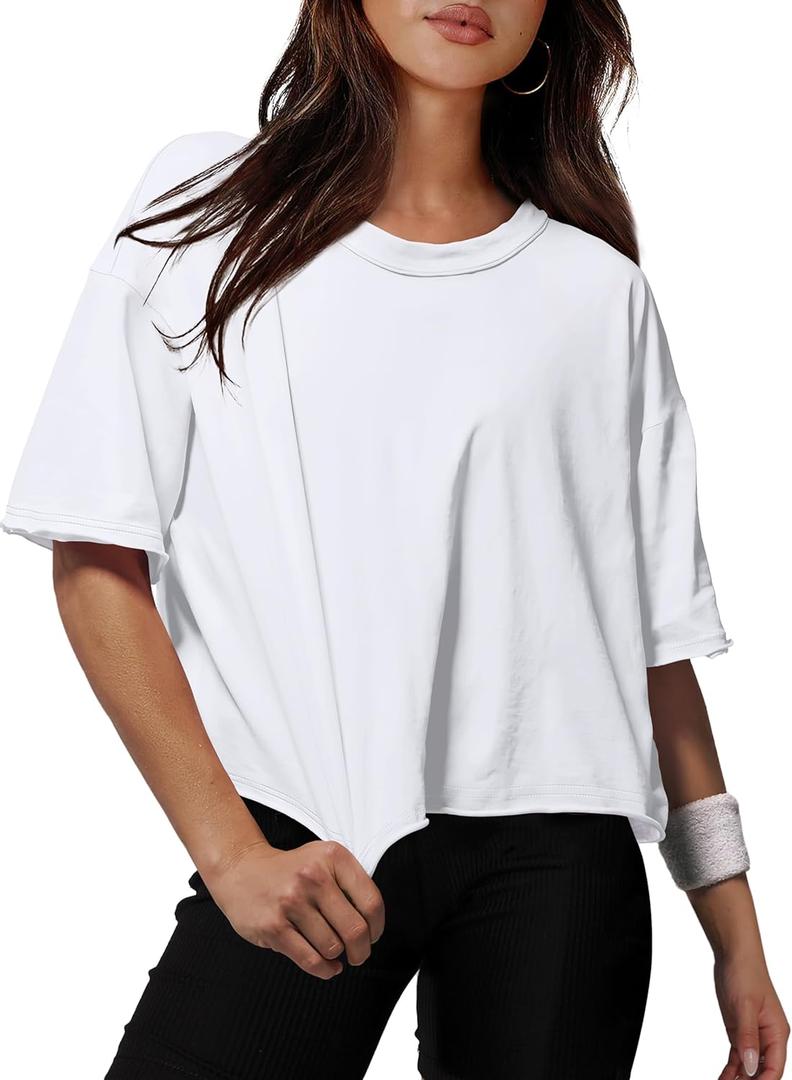 XIEERDUO Cotton Tshirts for Women Drop Shoulder Round Neck Oversized Crop Tops Workout Tops Tees (Medium, A White)