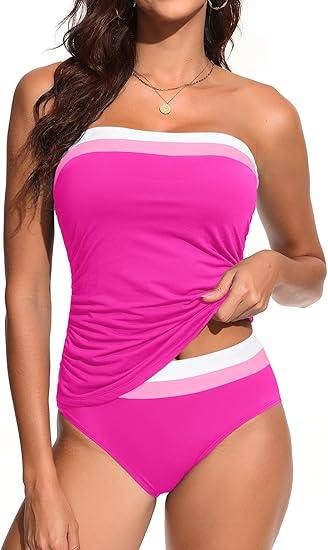 Daci Bandeau Tankini Swimsuits for Women - Two Piece Ruched Tummy Control Bathing Suit Strapless Swimwear with Bottom