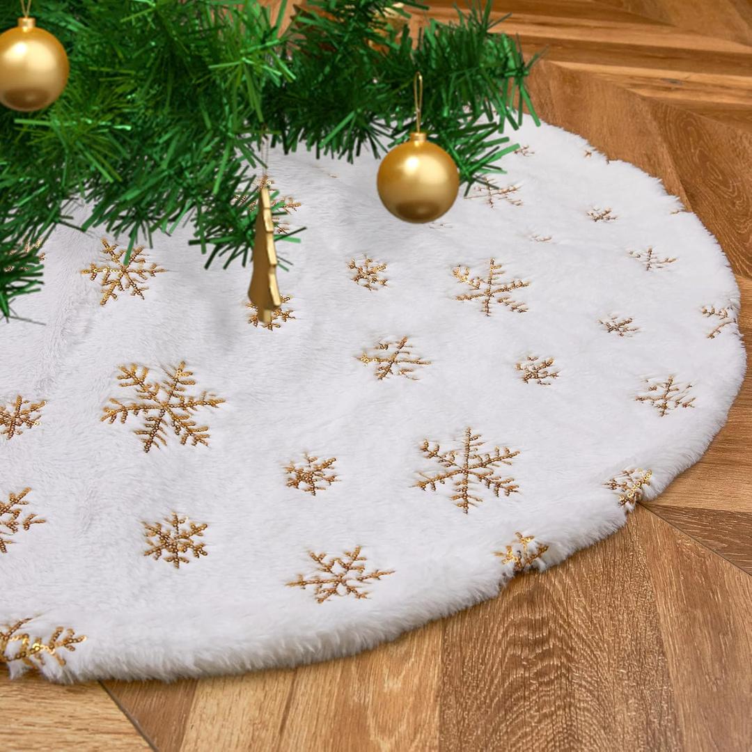 Christmas Tree Skirts 36inch Faux Plush White Tree Skirt Double Layers Gold Snowflakes Tree Skirt Cover Fluffy Round for Holiday Party Christmas Tree Decorations