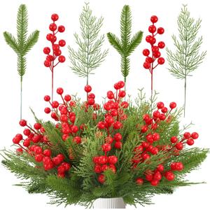 80 PCS Christmas Artificial Pine Branches 8" Artificial Red Berry Stems 13.5" Christmas Faux Greenery Pine Picks Fake Pines Needles DIY Crafts Decorations for Xmas Tree DIY Wreath Garland Home Decor