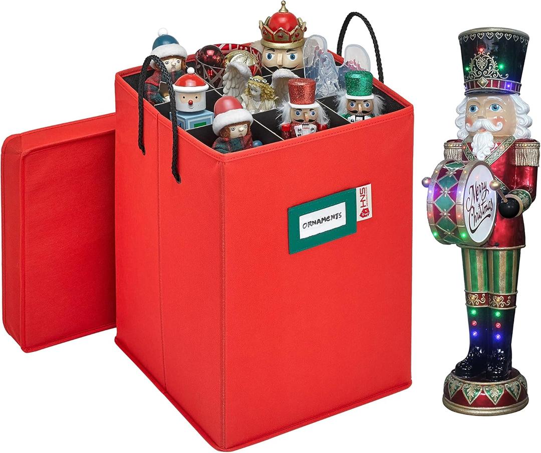 Christmas Nutcracker and Figurine Collectible Storage Box - Stores Up to 9-16" Tall Nutcrackers, Ornaments, and More - Holiday Decor Organizer with Adjustable Dividers - Nutcracker not Included (Red)