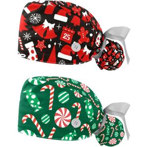 Christmas Snowflake Scrub Hats for Women Long Hair Working Cap with Button & Sweatband 2 Pcs Unisex Tie Back Hats (Medium-3X-Large, Multicoloured 3)