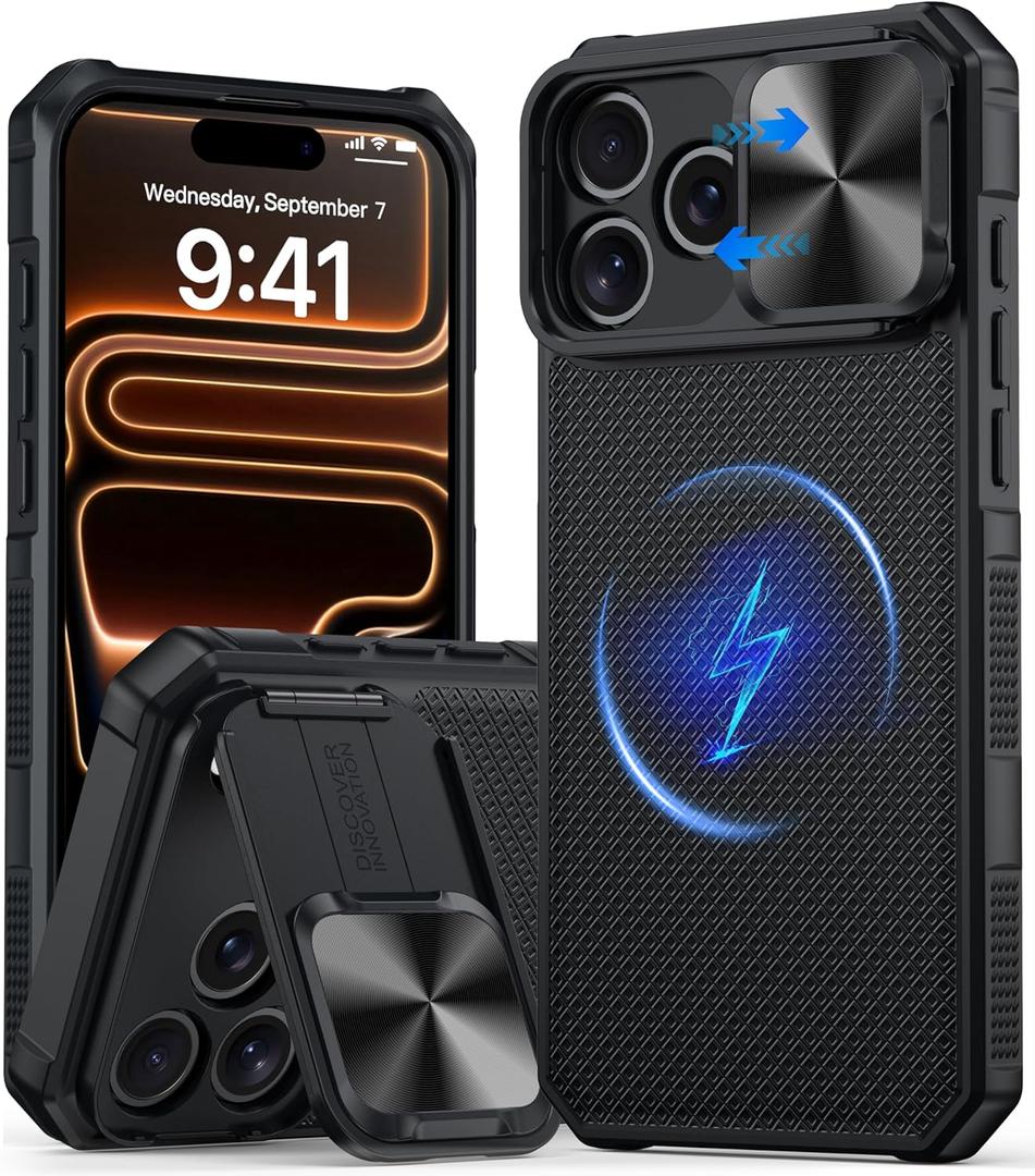 Magnetic for iPhone 17 Pro Max Case,[Compatible with Magsafe][Slide Camera Cover][Kickstand][Military Grade Protection] Shockproof Rugged Case for iPhone 17 Pro Max,Black