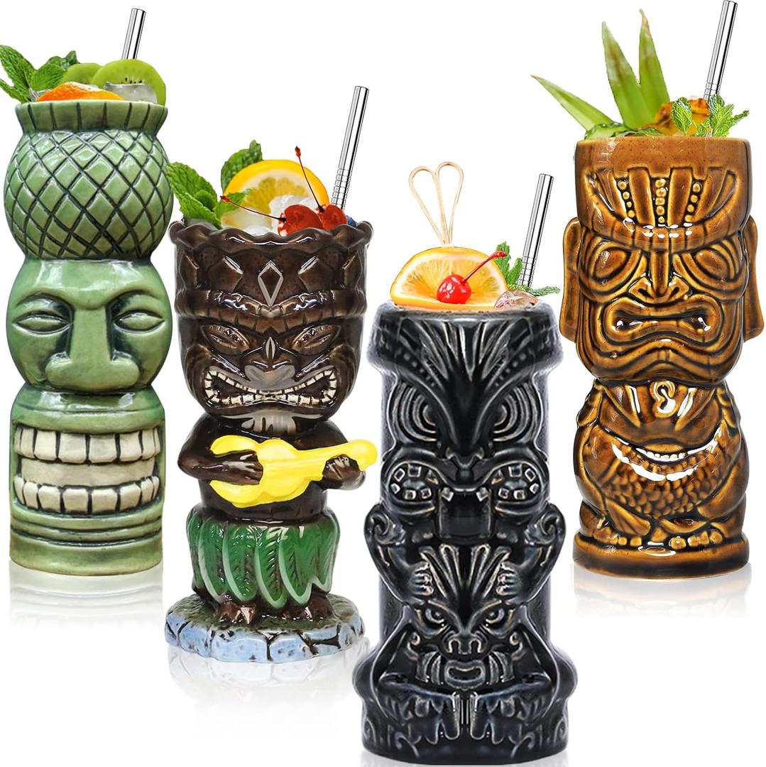 SuproBarware Tiki Glasses for Cocktails Mugs Set of 4 Ceramic Party Cups Bar Decor Creative Large Hawaiian Drinking Bar Decorations Vintage Tropical Drinkware Barware 4 Packs