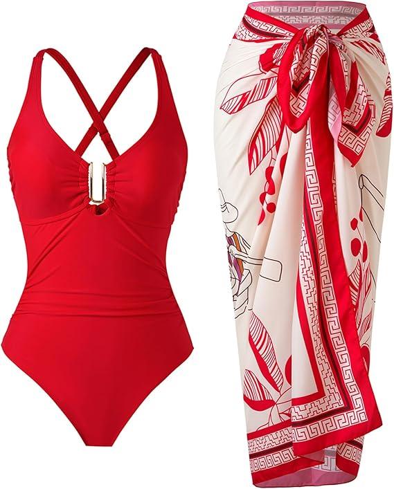 One Piece Swimsuit Women with Cover Up Set Retro Bathing Suit for Women Tummy Control Beach Wrap Skirt (Large)