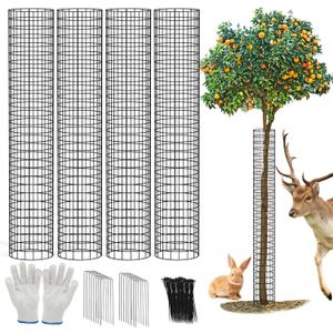 48" Metal Tree Trunk Guard, 4 Pack Mesh Protectors with Zip Ties, Glove & Metal Stakes - Protect Bark & Saplings from Mowers, Deer & Other Animals