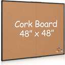 Extra Large Cork Bulletin Board 48" X 48", Foldable Notice Pin Board for Wall, Black Aluminum Framed 4'x4' Corkboard, Wall Mounted Noticeboard with 36 Push Pins for School, Home & Office