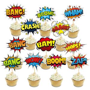 SuperHero Boom Cupcake Toppers - 48 Pack Happy Birthday Cake Decor for Kids Hero Theme Party