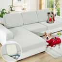 Clearance Sectional Couch Covers for L Shaped Chaise Lounge 1 Piece Separate Cushion Couch Universal Replacement Large Checkered Furniture Protector with Elastic Bottom (Chaise Cover, Ivory)