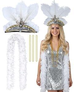 Vivrerizo Feather Headpiece Accessories Set, 5 Pcs White Carnival Costume Set with Beads Necklaces and Feather Boa, 1920s Flapper Accessories for Women Costume Masquerade Party