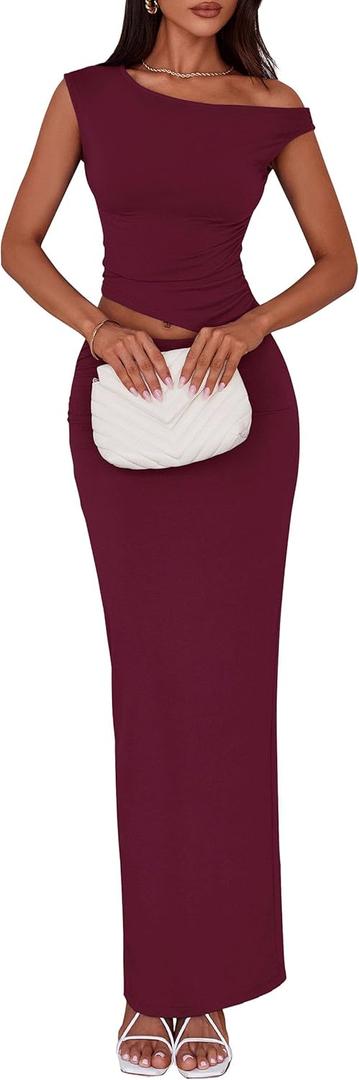 PRETTYGARDEN Skirt Sets Women 2 Piece Outfits Summer 2025 One Shoulder Sexy Ruched Bodycon Maxi Long Skirts (Red, XL)