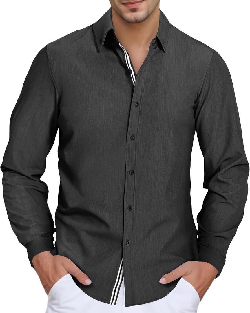 Men's Stretch Denim Dress Shirt Long Sleeve Casual Button Down Everyday Shirts Fall Winter Wedding Shirts (Black, XL)
