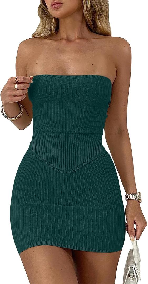 ANRABESS Women 2 Piece Skirt Sets Summer Strapless Crop Top Matching Bodycon Sexy Going Out Mini Club Dress Outfit Clothes (Green)
