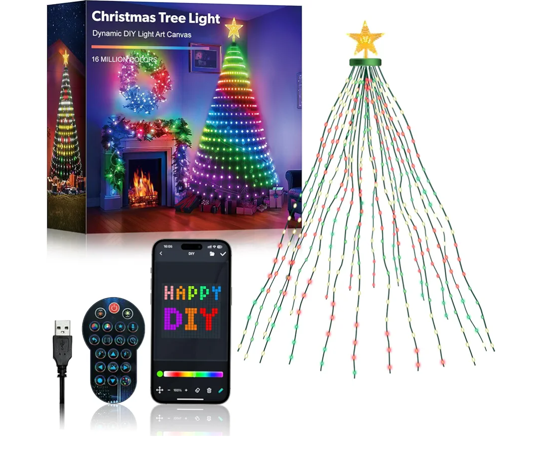 Smart Christmas Tree Lights 7FT 400LED, DIY Color Changing Waterfall Xmas Tree Lights with Ring & Top-Star, Remote & APP Control, RGB-IC Dynamic String Light, Music Sync for Indoor Decor