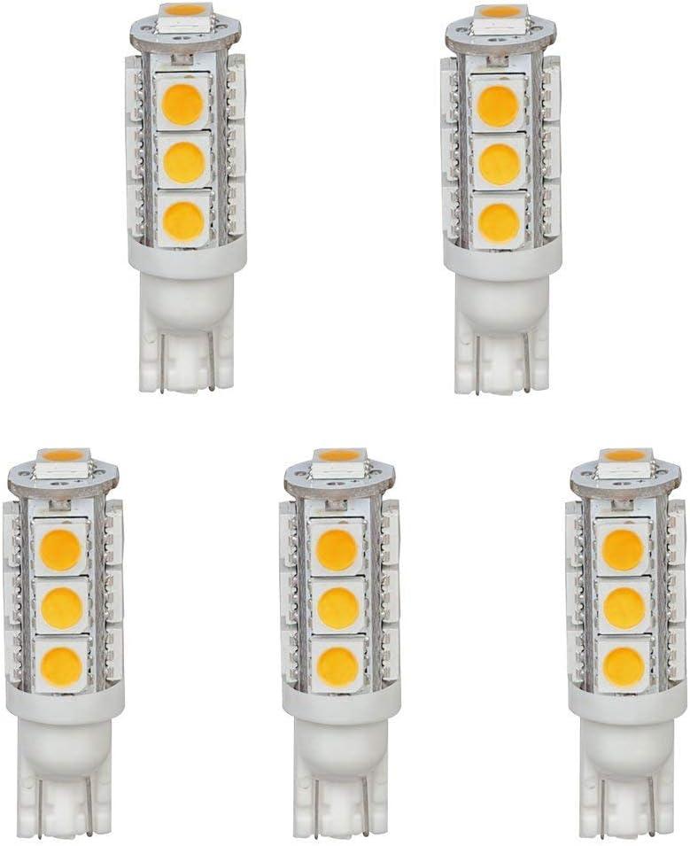 T10WG13T-WW 12V DC T10 Wedge 194 921 168 Ultra Bright 13-LED 5050 SMD LED Bulb, 5-Pack, Warm White/Soft White 3000K