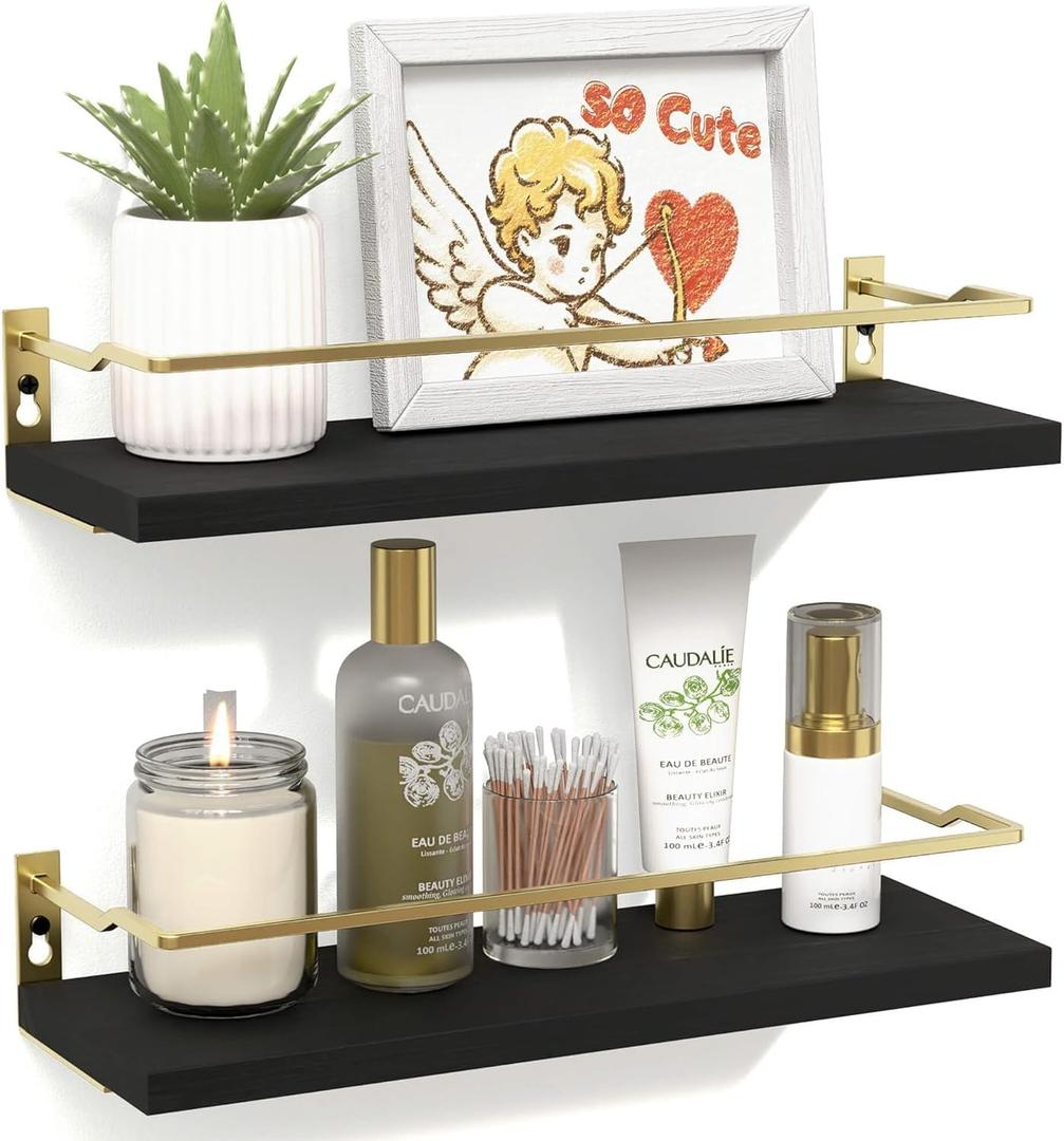 RICHER HOUSE Bathroom Floating Wall Shelf Set of 2 - Guard-Rail Small Wood Shelves for Decor, Over Toilet Storage, Kitchen Organizer - Black Gold, 4.72 inches x 13.78 inches x 2.24 inches