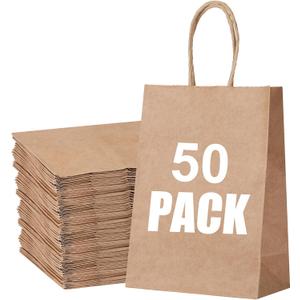STOBOCTER 50Pcs Paper Gift Bags, 5.9"x3.15"x8.25" Gift Wrap Bags with Handles, Brown Kraft Paper Bags for Small Business, Paper Bags Bulk for Birthday Party Favors, Shopping, Grocery, Retail, Craft