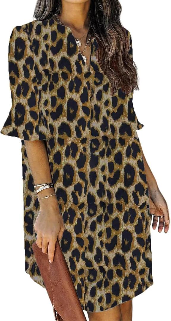 QACOHU Summer Dresses for Women V Neck Ruffle Short Sleeve Casual Shift Dress (Small, C-leopard Print)
