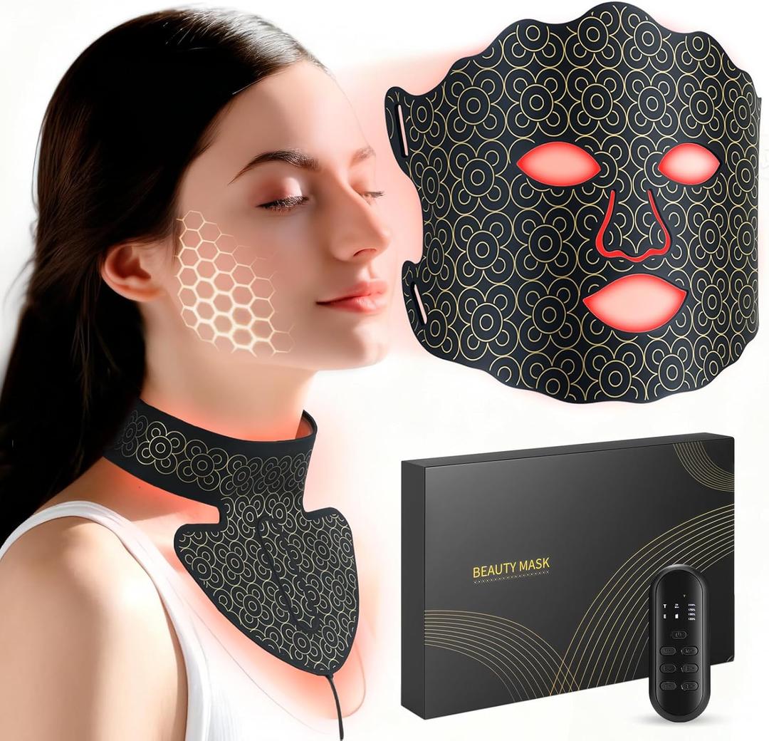 Red Light Therapy for Face & Neck, 7-Color LED Light Therapy Mask, 2600mAh Rechargeable Red Light Mask for Skin Care,With Adjustable Brightness & Timer, Suitable for Home or Travel Use