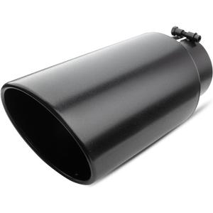 5 inch Inlet Exhaust Tip, 7" Outlet 15" Overall Length Stainless Steel Exhaust Tail Pipe, Bolt-On, Rolled Edge, Slant Sleek Angle Cut, Polished Tailpipe, Black