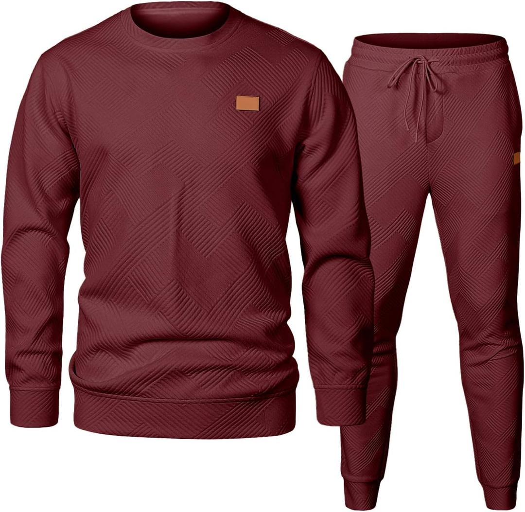 JMIERR Men's 2 Piece Outfits Knit Jacquard Pullover Sweatshirt Tracksuit & Joggers Sweatpants Sweatsuit Sets with Pockets (Medium, Burgundy)