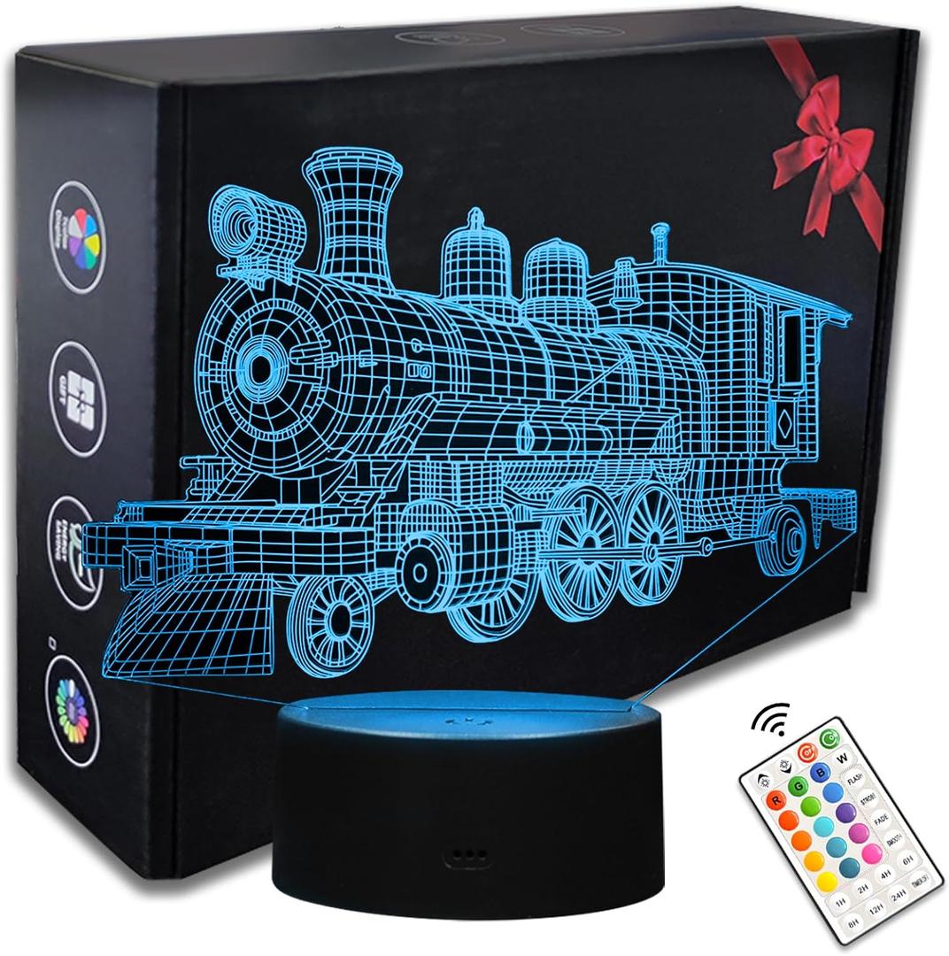 Train Night Light, 16 Color 3D LED Night Lamp for Boys - Trains Themed Bedroom Lamps, Optical Illusion Lamp with Remote Control, Perfect for Kids' Room Dcor, Cool Gifts for Train Lovers
