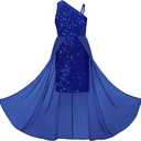 GRACE KARIN Girls Sequin Dress One Sleeve Formal Pageant Prom Party Special Occasion Dresses Size 5-14 (Blue, L)