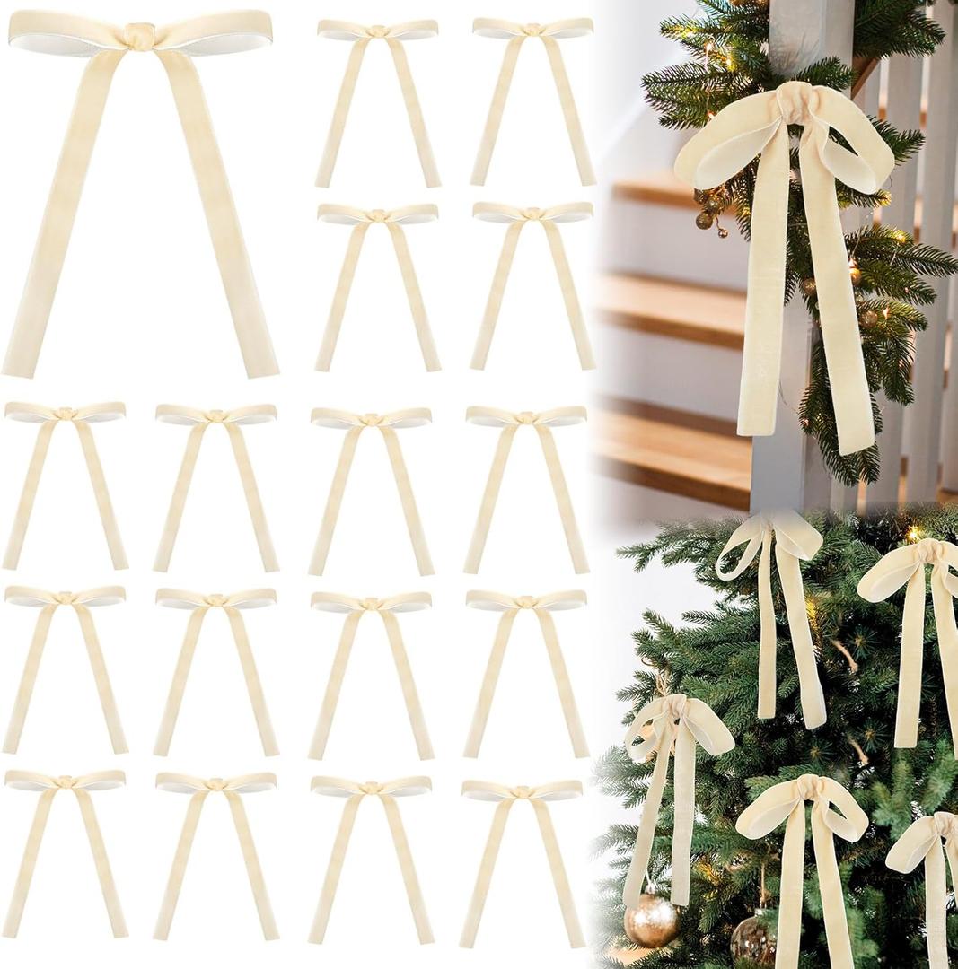 24 Pcs Velvet Bows for Christmas Tree Vintage Ribbon Bows for Crafts Garland Home Coquette Wedding Birthday Decor(5 x 7 Inch, Width of 5/8",Beige)