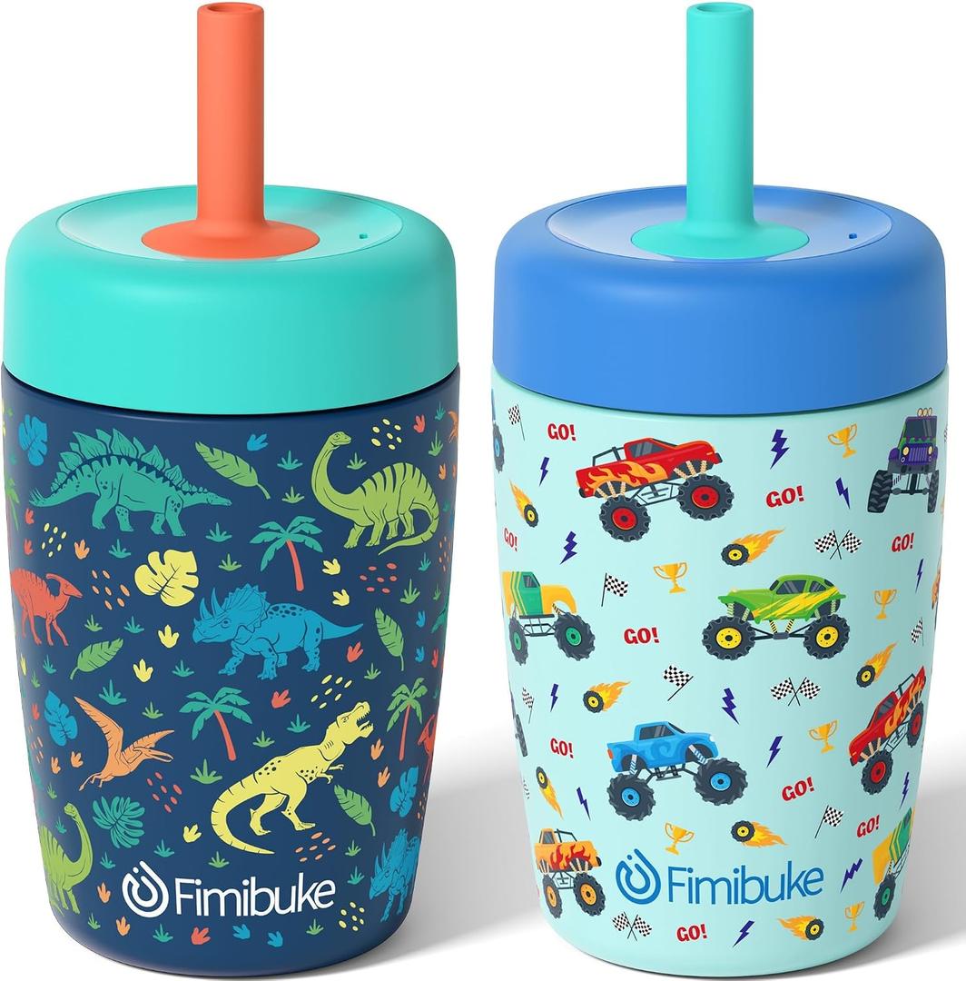 Fimibuke Kids & Toddler Cups Spill Proof, 12 OZ Insulated Sippy Cups for Toddlers Boys Girls, BPA-Free Toddler Straw Tumbler, Stainless Steel Kids Water Bottle with Twist Lids & Silicone Straw, 2 Pack, Toddler Size