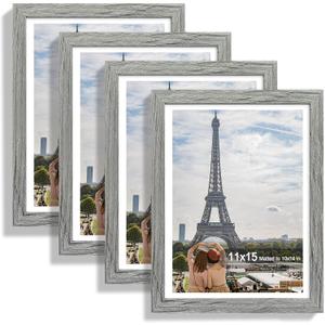 Hongkee 11x15 Picture Frame Set of 4, Made of Real Glass and Grey Frame - Display Picture 10x14 with Mat or 11x15 Without Mat, 11 by 15 Photo for Wall Mounting