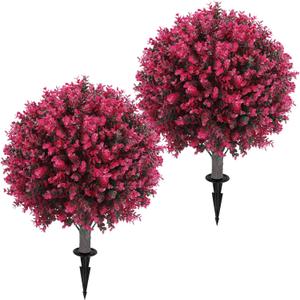 Artificial Red Eucalyptus Topiary Ball Tree 24" with Ground Spike, Set of 2 Artificial Boxwood Bushes for Faux Shrubs, Fake Evergreen Faux Plant for Indoor Outdoor Garden -UV ResistantFade-Proof