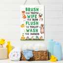 2 x Wash Brush Wipe Flush Sign Kids Bathroom Wood Plaques Wall Decor, Cute Woodland Animal Theme Front Door Wooden Hanging Sign for Boys Bathroom Toilet Washroom Wall Decor 12'' L x 8'' W