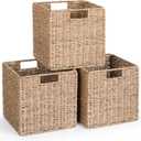 10.5 x 10.5in Cube Seagrass Storage Baskets, Foldable Square Wicker Storage Baskets for Shelves Set of 3, Large Cubby Rattan Basket, Collapsible Cube Storage Bins