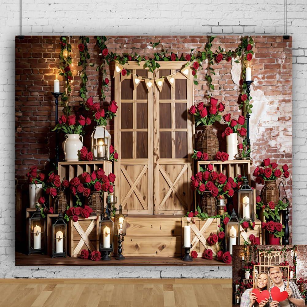 Valentines Backdrop 10x8ft Red Rose Rustic Wood Door Brick Wall Valentine's Photo Backdrops for Photography Background Valentine Decorations for Party Birthday Photo Booth Props (Brown)
