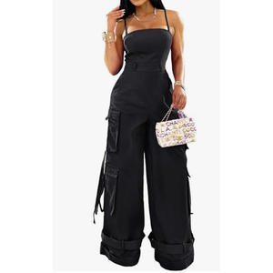 Womens Cargo Jumpsuit Sexy One Piece Outfit Wide Leg Romper Multi Pockets Overalls, Black, Medium