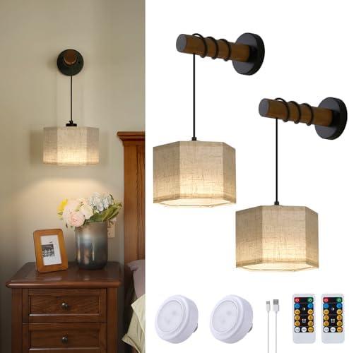 XSDeTu Battery Operated Wall Sconces Set of 2, Modern Rechargeable Wall Mounted Lamps with Remote Control, Adjustable 3 Colors Dimmable Wall Lights for Bedroom, Wooden Arm, Hexagonal Fabric Shade