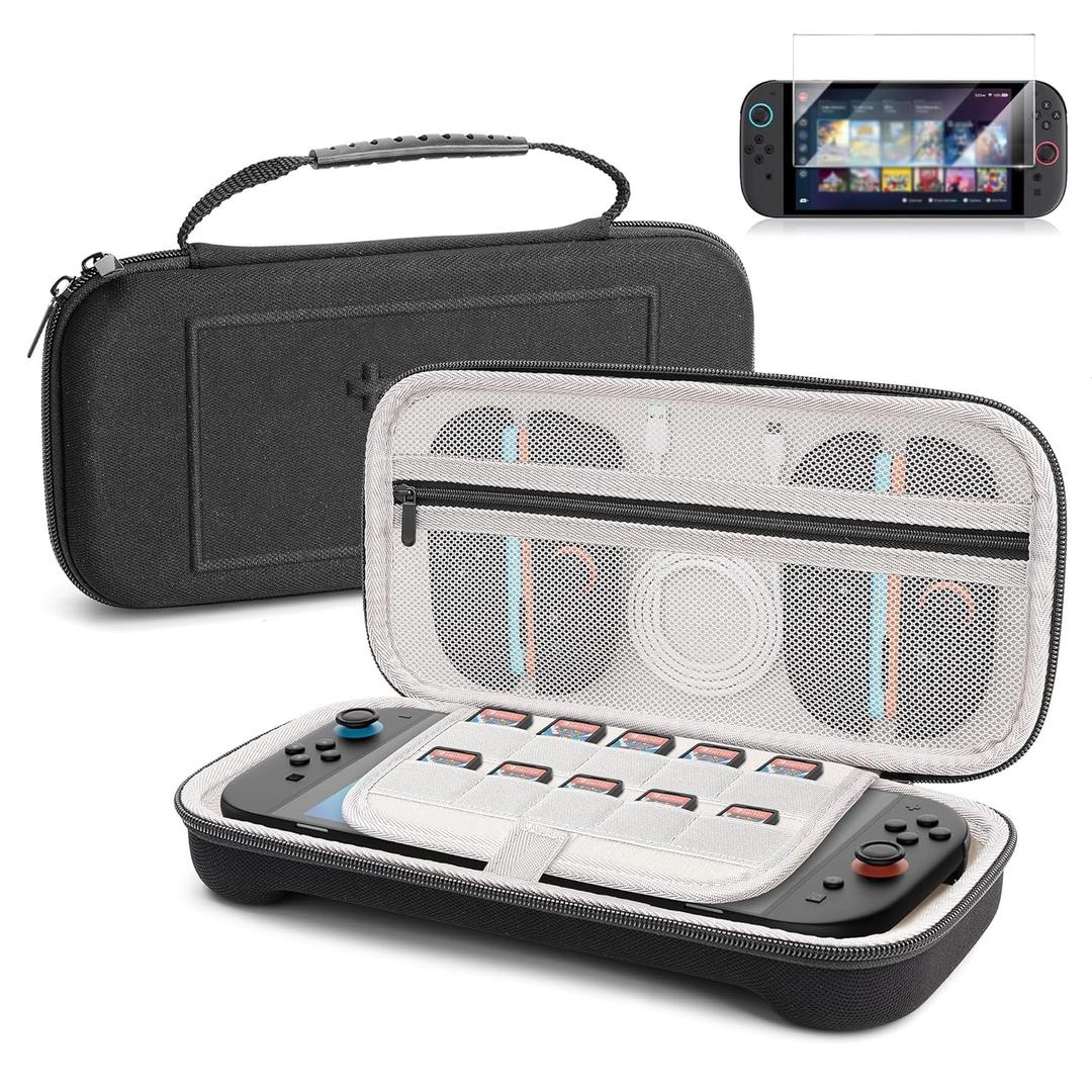Carrying Case for Nintendo Switch 2(2025) - Hard Travel Shell Protective Storage Bag Holds 10 Game Cartridge and Tempered Glass Screen Protector for Nintendo Switch 2, Waterproof & Shockproof Design