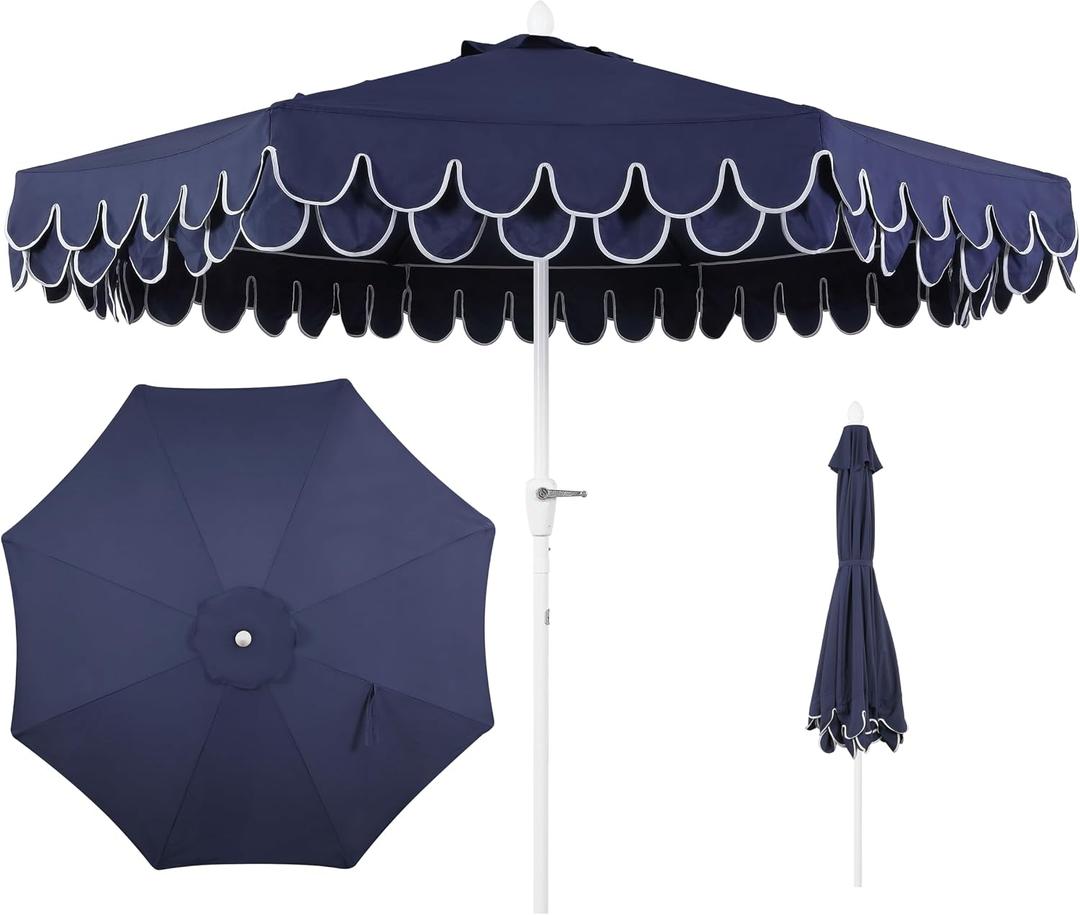 JONATHAN Y Tracy 9 ft. Outdoor Patio Umbrella with Scalloped Edge, Coastal Market Table Umbrella with Crank Lift and Tilt, 8 Sturdy Ribs UV Resistant for Pool, Navy, White Pole UMB1002G