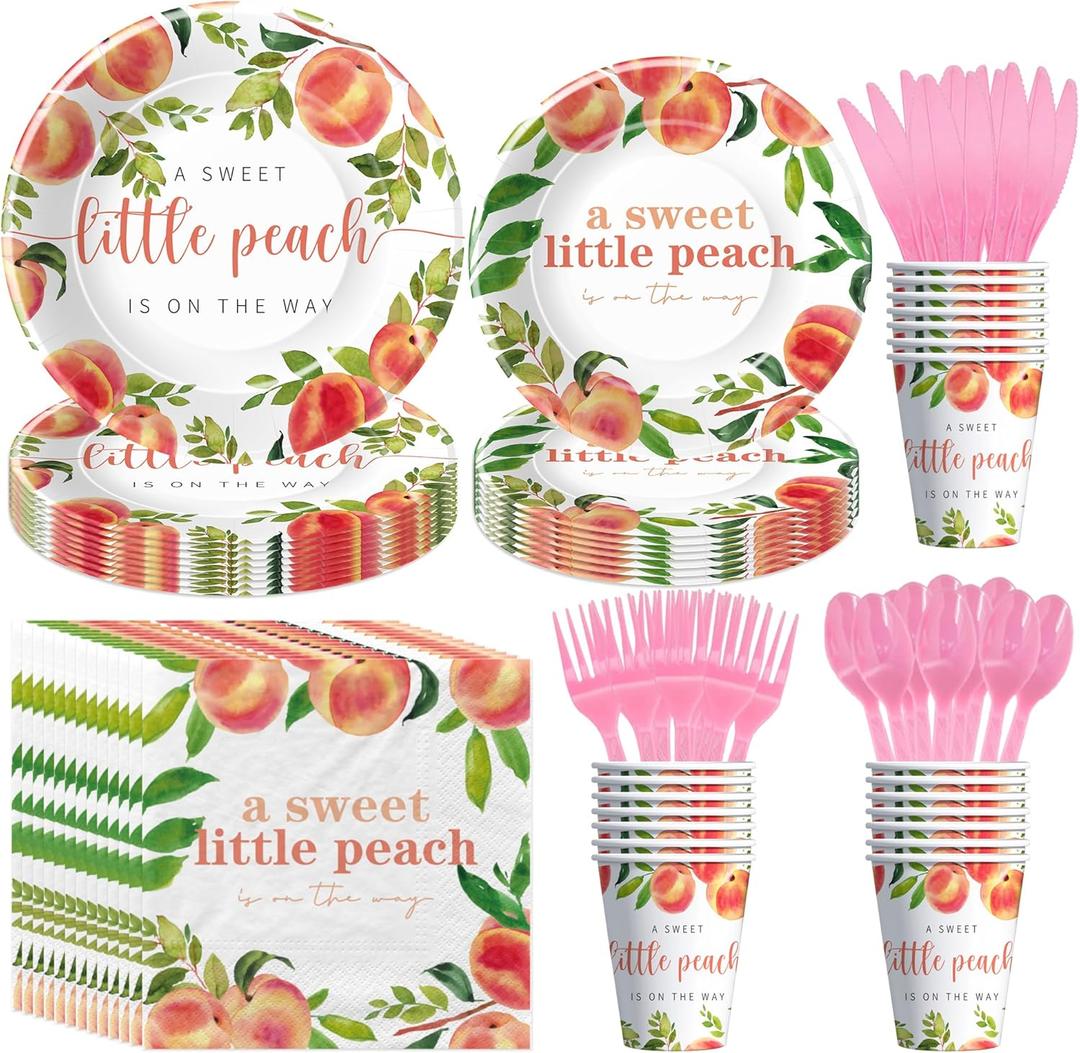 Peach Baby Shower Decorations Tableware, Little Cutie Sweet As A Peach Baby Shower Party Supplies, Paper Plate, Cup, Napkin, Disposable Cutlery, Serves 24
