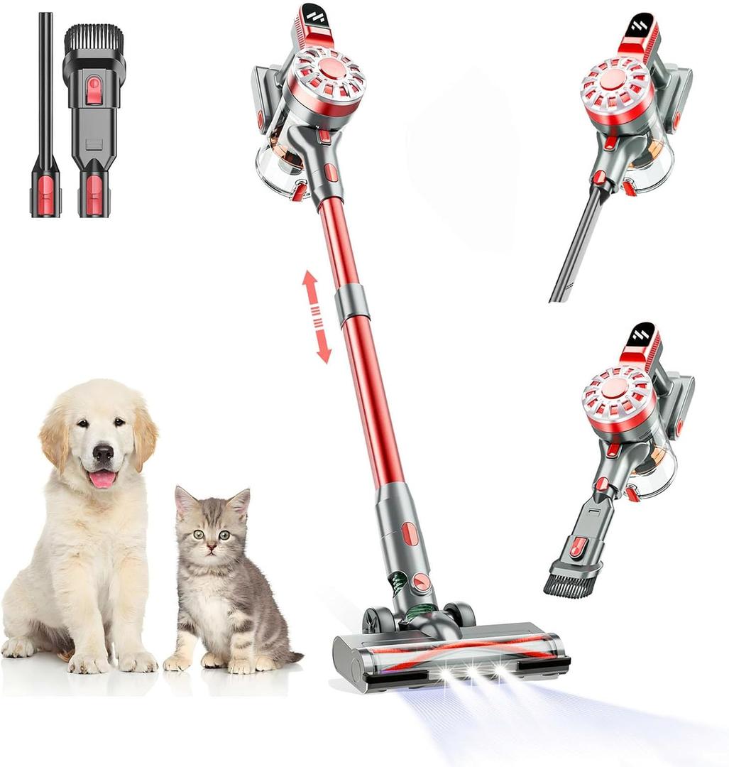 Cordless Vacuum Cleaner for Home with Powerful Suction,Lightweight Stick Vacuum Cordless Rechargeable with 35 Mins Runtime, Hardwood Floor Vacuum for Pet Hair,Carpet,Tile(Light Red)
