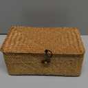 Wicker Basket with Lid, Natural Seagrass Storage Baskets for Organizing, Woven Basket for Storage, Decorative Boxes Bins with Lids Home Organizer Decor (Natural, Small) (10.23" x 6.3" x 4.13")