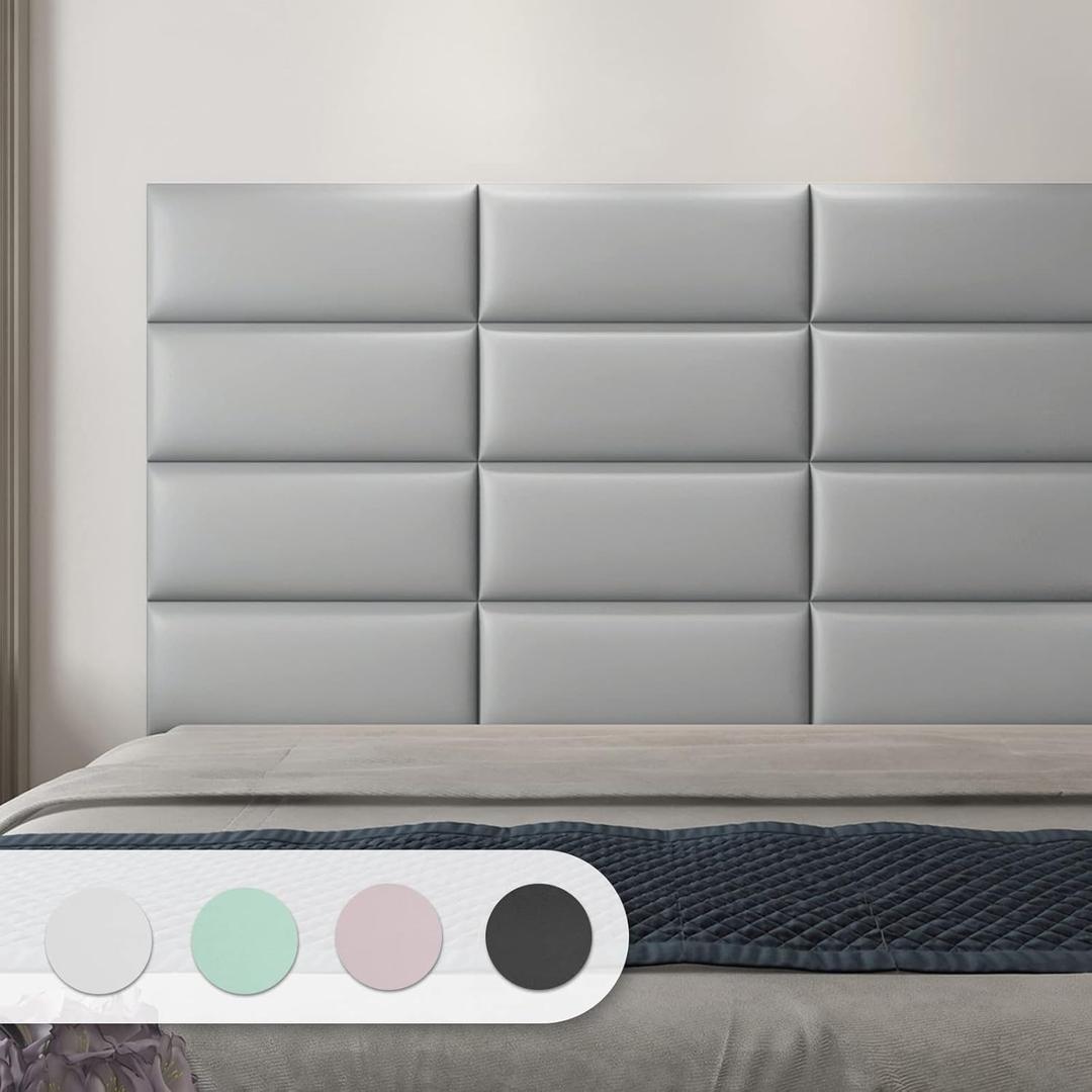 Art3d Peel and Stick Headboard for Twin in Grey, Pack of 4 Panels Sized 9.85" x 23.62", 3D Wall Panel, Upholstered