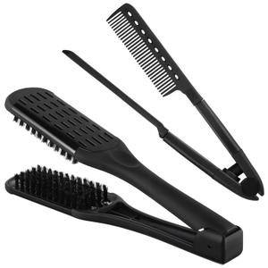 CHENGU 2 Pcs Straightening Comb For Hair, Boar Bristles Clamp Double Sided Brush Hair Straightening Brushes Comb Flat Iron Styling for Knotty Unkempt (Black)