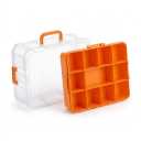 Clear Plastic Storage Organizer Case with Removable Bright Orange Compartment Trays, Dual-Layer & Removable Trays, Tray Dimensions: 10.0 in L × 6.0 in W × 1.8 in H