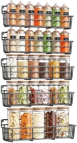 Mystozer 5 Pack Spice Rack Seasoning Organizer Wall Mount, Screw or Adhesive Hanging Shelf Basket Spice Organizer Shelf for Kitchen, Black