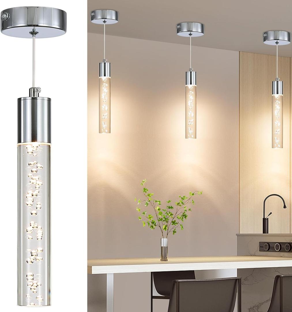 Modern LED Pendant Light, Chrome Bubble Hanging Ceiling Lighting Fixture, 3 Color 2700K/4500K/6500K, Small Kitchen Island Chandelier Over Table for Dining Room, Living Room, Entrance, Bar, Cafe (1 Pack)