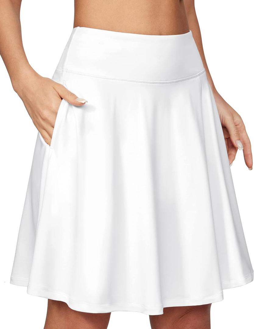IUGA 20" Knee Length Skorts Skirts for Women with Pockets Tennis Skirt High Waisted Golf Skirts for Women Casual Athletic (Medium, White)